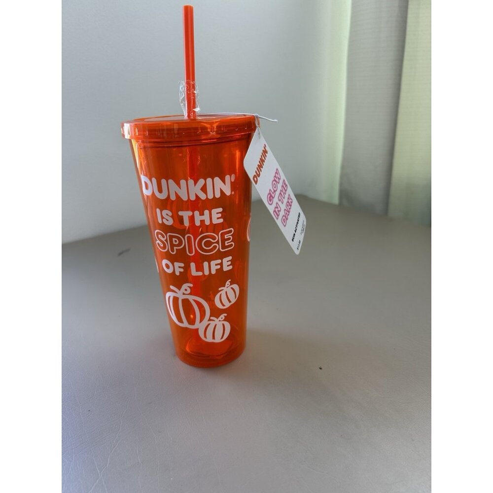 Dunkin Donuts Glow In The Dark Tumbler Cup Straw 24oz Orange Pumpkin Spice NWT - Picture 12 of 12